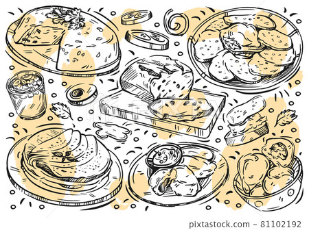 Hand drawn line vector illustration food on white background. Doodle Belarusian cuisine: kletski, pancakes, babka, draniki, fruit drink, dumplings, bruschetta, cucumber, bread 81102192