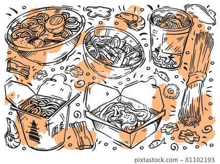 Hand-drawn line vector illustration on white board. Sketches of food. Doodle types of noodles: soba, funchose, udon, ramen, wok, pasta, ingredients Hand-drawn line vector illustration on white board. Sketches of food. Doodle types of noodles: soba, funchose, udon, ramen, wok, pasta, ingredients 81102193