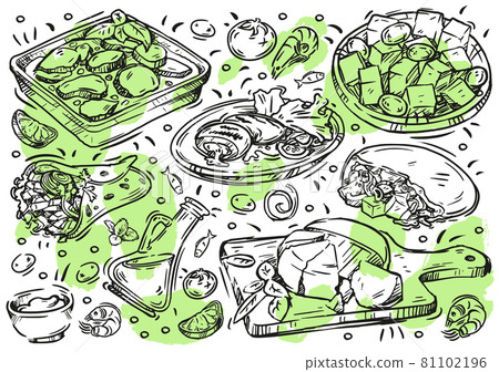Hand drawn line vector illustration food. Doodle Greek cuisine on white board: olives and olive oil, moussaka, grilled meat, gyros, souvlaki, hummus, cheese, greek salad, sauce Hand drawn line vector illustration food. Doodle Greek cuisine on white board: olives and olive oil, moussaka, grilled meat, gyros, souvlaki, hummus, cheese, greek salad, sauce 81102196