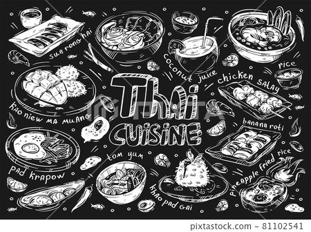 Hand drawn vector illustration food. Doodle Thai cuisine: meat sua rong hai, kaoniew ma muang, pad krapow, tom yum soup, khao pad gai, pineapple fred rice, banana roti, chicken satay, coconut juice Hand drawn vector illustration food. Doodle Thai cuisine: meat sua rong hai, kaoniew ma muang, pad krapow, tom yum soup, khao pad gai, pineapple fred rice, banana roti, chicken satay, coconut juice 81102541