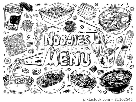 Hand-drawn sketches of food. Vector illustration. Doodle types of noodles: udon, soba, funchose, wok Hand-drawn sketches of food. Vector illustration. Doodle types of noodles: udon, soba, funchose, wok 81102545