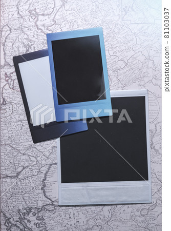 Blank photo frames on map background as template. Top View of photo frame on map, Memory of a trip or adventure. space for your logo or text. Blank photo frames on map background as template. Top View of photo frame on map, Memory of a trip or adventure. space for your logo or text. 81103037