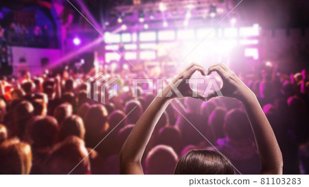 Love to music. Female heart shaped hands and crowd or audience at live music concert 81103283