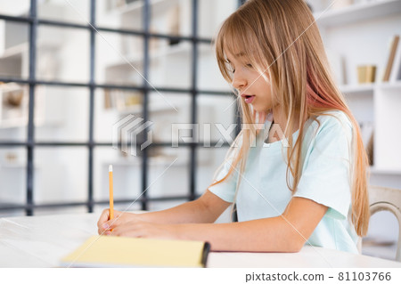 Teenage girl making notes in notepad, doing homework at table at home Teenage girl making notes in notepad, doing homework at table at home 81103766
