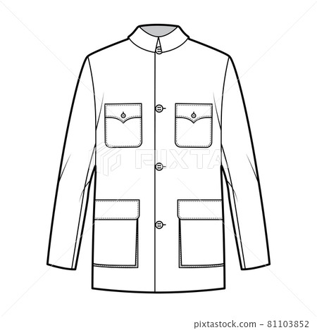 Mao jacket technical fashion illustration with oversized, classic collar, flap pockets, long sleeves, button closure. 81103852