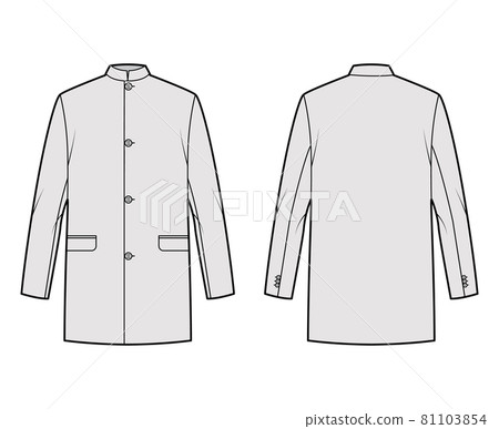 Nehru jacket technical fashion illustration with oversized, stand collar, flap pockets, oversized, long sleeves coat 81103854