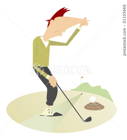 Golf ball hits into the dung and a golfer holds his nose from odor nuisance illustration 81105668