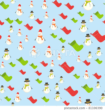 Seamless pattern with cute cartoon Christmas snowman, candy cane, holly berries and red stocking with xmas tree Seamless pattern with cute cartoon Christmas snowman, candy cane, holly berries and red stocking with xmas tree 81106390