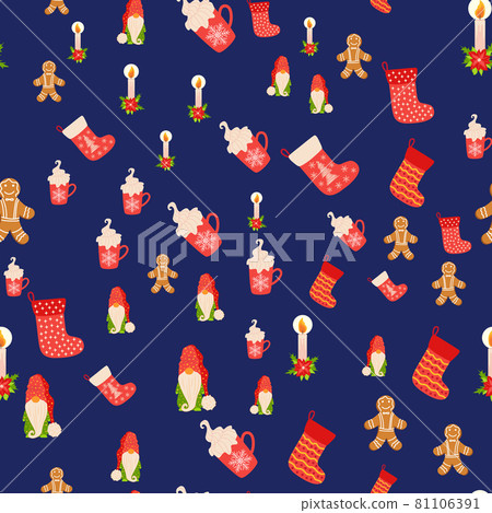Seamless Christmas pattern with gnome, candle, gingerbread, stocking. Wrapping paper 81106391