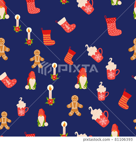 Seamless Christmas pattern with gnome, candle, gingerbread, stocking. Wrapping paper Seamless Christmas pattern with gnome, candle, gingerbread, stocking. Wrapping paper 81106393