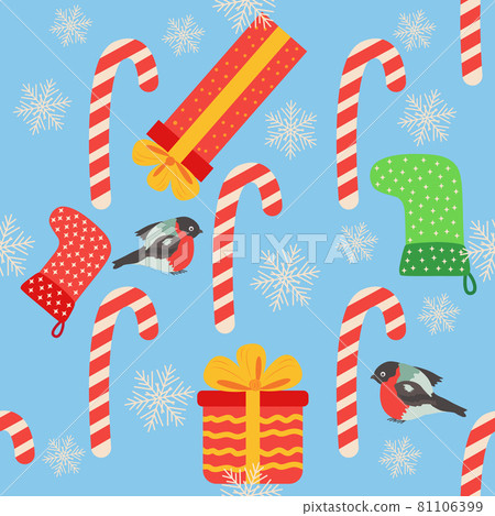 Christmas seamless pattern with candy cane, gift, stocking, bullfinch bird. Christmas wrapping paper Christmas seamless pattern with candy cane, gift, stocking, bullfinch bird. Christmas wrapping paper 81106399