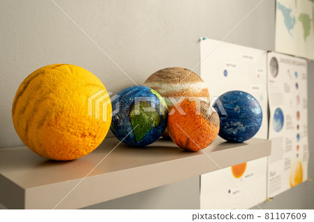 Group of planet models on shelf by white wall 81107609