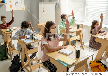 Clever schoolchildren of various ethnicities raising hands 81107693