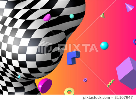 Abstract background with flying colorful 3D geometric shapes over vibrant gradient backdrop. Lush and bold colored abstraction with checkered shape in 90s style. 81107947