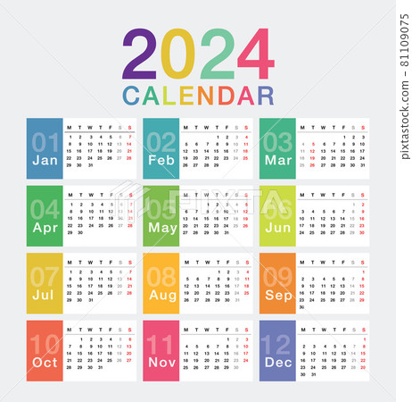 Colorful Year 2024 calendar horizontal vector design template, Colorful Year 2024 calendar horizontal vector design template, 81109075