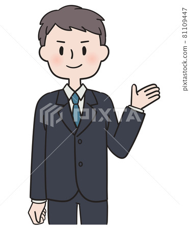 A man in a suit who raises one hand to guide 81109447