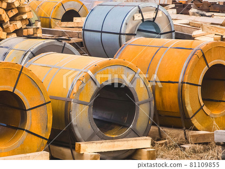 Industrial area, construction site with rusty metal packaging, manufacturing and steel storage 81109855