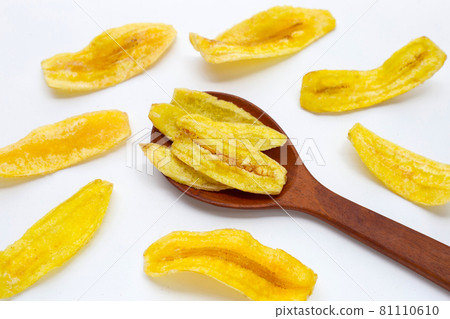 Banana slice chips on white background. Banana slice chips on white background. 81110610