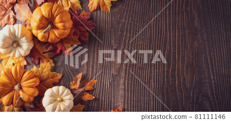 Autumn and Thanksgiving background decoration from dry leaves,red berries and pumpkin on dark wooden background. Autumn and Thanksgiving background decoration from dry leaves,red berries and pumpkin on dark wooden background. 81111146