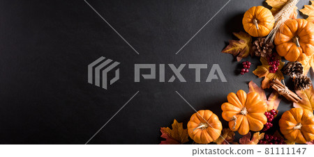 Autumn background decoration from dry leaves and pumpkin on dark wooden background. Flat lay, top view for Autumn, fall, Thanksgiving concept. Autumn background decoration from dry leaves and pumpkin on dark wooden background. Flat lay, top view for Autumn, fall, Thanksgiving concept. 81111147