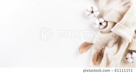 Autumn composition. Cotton flowers, autumn leaves and women sweater on white background. Flat lay, top view with copy space. Autumn composition. Cotton flowers, autumn leaves and women sweater on white background. Flat lay, top view with copy space. 81111151