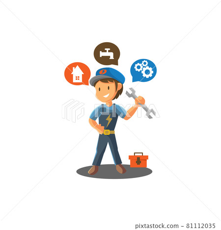 Repair man Holding Spanner worker Mechanic workshop emblem badge Mascot illustration Repair man Holding Spanner worker Mechanic workshop emblem badge Mascot illustration 81112035
