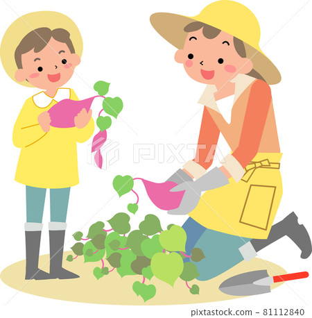 男孩的孩子和媽媽挖土豆 81112840