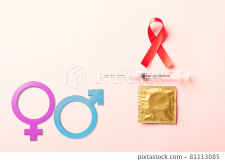 Red bow ribbon symbol HIV, AIDS cancer awareness, condom and syringe with Male, female gender signs Red bow ribbon symbol HIV, AIDS cancer awareness, condom and syringe with Male, female gender signs 81113085