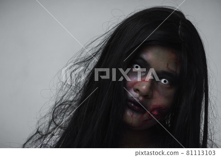Female zombie in blood devil is scary she haunted at the abandoned building Female zombie in blood devil is scary she haunted at the abandoned building 81113103