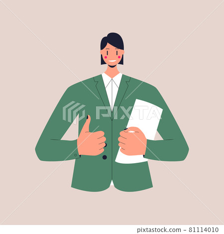 A smiling woman in a business suit holds a folder with documents and shows a thumbs up. Colorful flat vector illustration on isolated background. Eps 10. 81114010