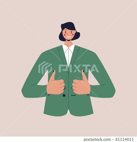 A smiling woman in a business suit shows a thumbs up on both hands. Colorful flat vector illustration on isolated background. Eps 10. A smiling woman in a business suit shows a thumbs up on both hands. Colorful flat vector illustration on isolated background. Eps 10. 81114011