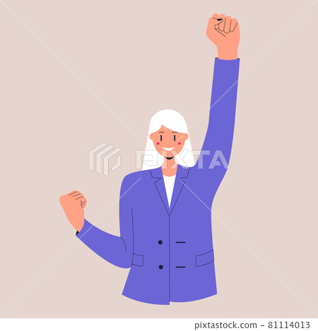 A girl in a business suit stands in the winners pose. A confident businesswoman. Colorful flat vector illustration on isolated background. Eps 10. A girl in a business suit stands in the winners pose. A confident businesswoman. Colorful flat vector illustration on isolated background. Eps 10. 81114013