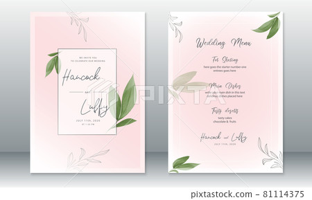 Luxury wedding invitation card template elegant of pink background with frame and green leaf Luxury wedding invitation card template elegant of pink background with frame and green leaf 81114375