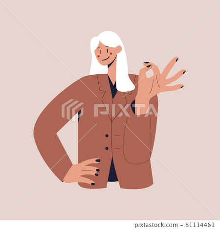 A happy woman in a business suit shows the OK sign. The ok gesture. Colorful flat vector illustration on isolated background. Eps 10. A happy woman in a business suit shows the OK sign. The ok gesture. Colorful flat vector illustration on isolated background. Eps 10. 81114461