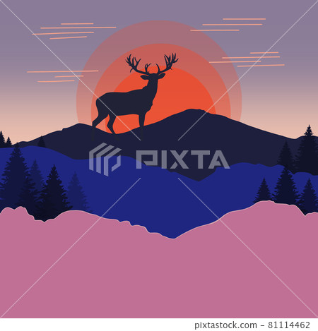 Flat Illustration of a colored drawing of silhouettes of a deer with antlers in the rays of the Flat Illustration of a colored drawing of silhouettes of a deer with antlers in the rays of the 81114462