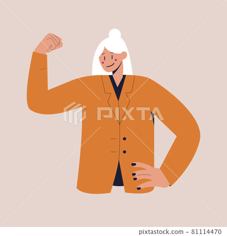 A smiling woman in a business suit raised fist with confidence. Colorful flat vector illustration on isolated background. Eps 10. 81114470