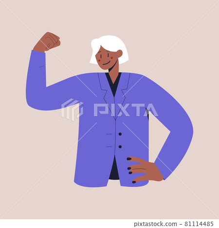 A black smiling woman in a business suit raised fist with confidence. Colorful flat vector illustration on isolated background. Eps 10. 81114485