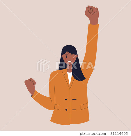 A black girl in a business suit stands in the winners pose. A confident businesswoman. Colorful flat vector illustration on isolated background. Eps 10. 81114495