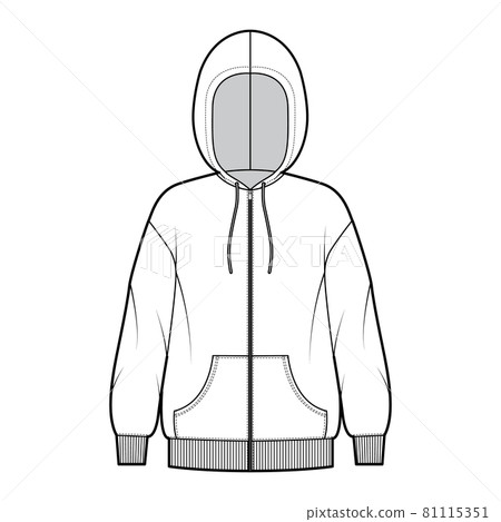 Zip-up Hoody sweatshirt technical fashion illustration with long sleeves, oversized, kangaroo pouch, rib cuff banded hem 81115351