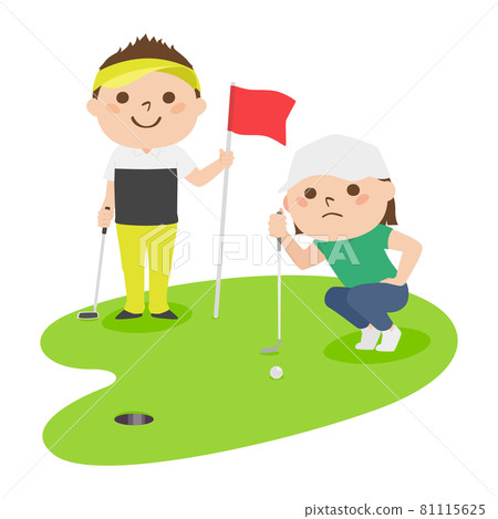 Illustration of golf. A man holding a golf flag. A woman trying to hit a golf ball with a putter. Illustration of golf. A man holding a golf flag. A woman trying to hit a golf ball with a putter. 81115625