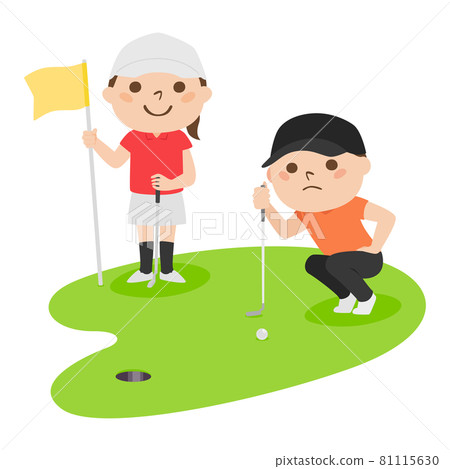 Illustration of golf. A woman holding a golf flag. A man trying to hit a golf ball with a putter. Illustration of golf. A woman holding a golf flag. A man trying to hit a golf ball with a putter. 81115630