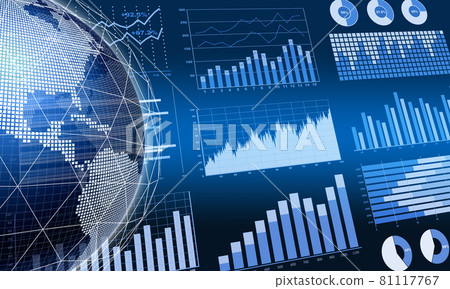 Various business materials such as bar graphs and pie charts and digitally expressed earth, futuristic image Various business materials such as bar graphs and pie charts and digitally expressed earth, futuristic image 81117767