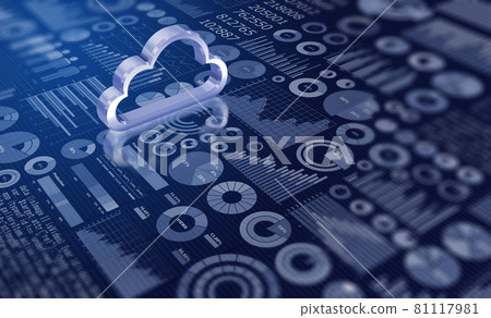 Image of cloud service that stores pie chart and bar graph business materials, cloud icons, and data 81117981