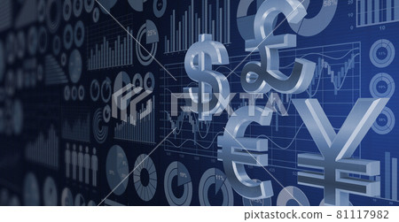 Economic data and currency symbols, dollars, yen, euros and pounds 81117982