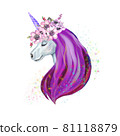 watercolor illustration of a unicorn with flowers on its head a multicolored mane isolated on a white background. 81118879
