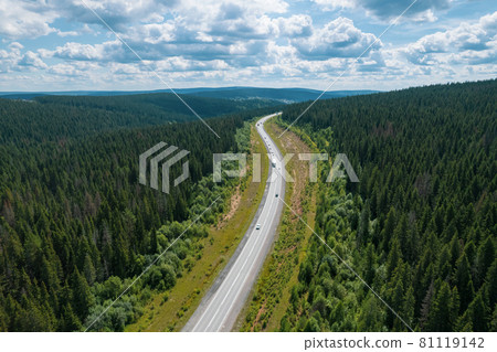 Aerial view of scenic road between green trees with pines on a sunny summer morning. Nature landscape in Siberia, Russia. A road passing through a coniferous forest, aerial shot from a drone. 81119142