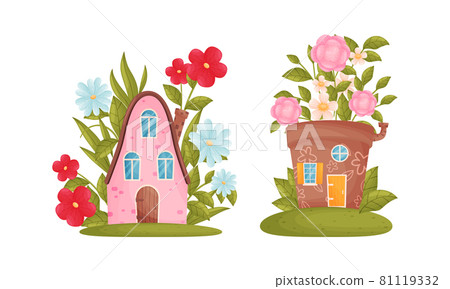 Cute fabulous houses among summer flowers set vector illustration 81119332