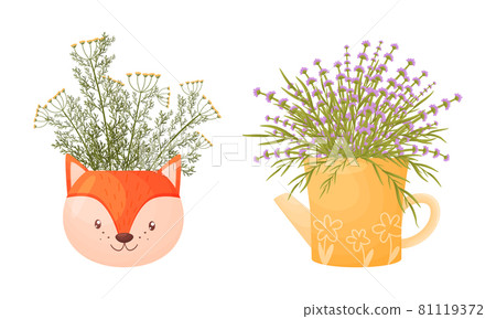 Garden potted herbs in pots of different shapes set. Ceramic flower pots in shape of fox and kettle vector illustration Garden potted herbs in pots of different shapes set. Ceramic flower pots in shape of fox and kettle vector illustration 81119372