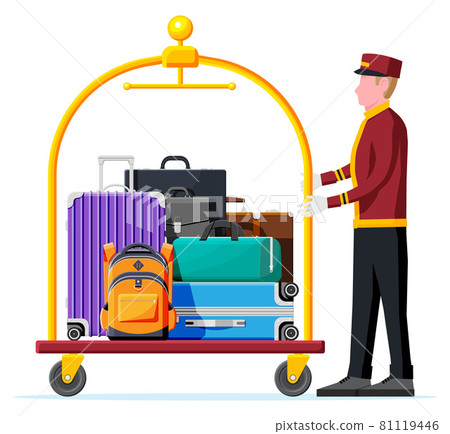 Hotel Luggage Cart Full of Luggage and Bellhop Hotel Luggage Cart Full of Luggage and Bellhop 81119446