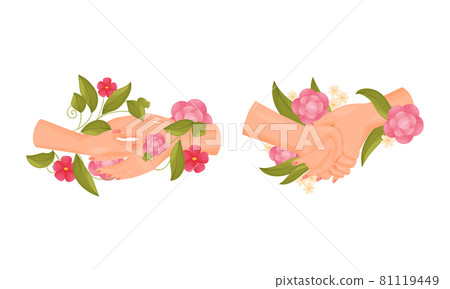 Couple holding hands with pink flowers set vector illustration Couple holding hands with pink flowers set vector illustration 81119449